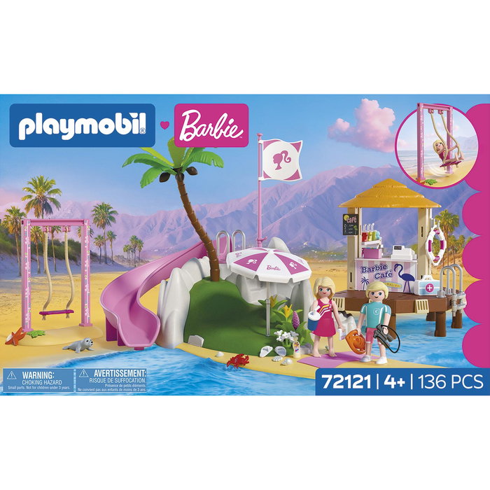 PLAYMOBIL Barbie Café De Playa 72121 - Jeu de Parc Aquatique Malibu avec Toboggans, Langue Espagnole