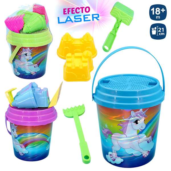 Juinsa Cubo de playa láser unicornio, Seau de plage licorne laser avec pelle, râteau, moules et tamis 21 x 20 cm - Modèles assortis