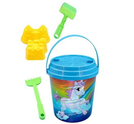 Juinsa Cubo de playa láser unicornio, Seau de plage licorne laser avec pelle, râteau, moules et tamis 21 x 20 cm - Modèles assortis