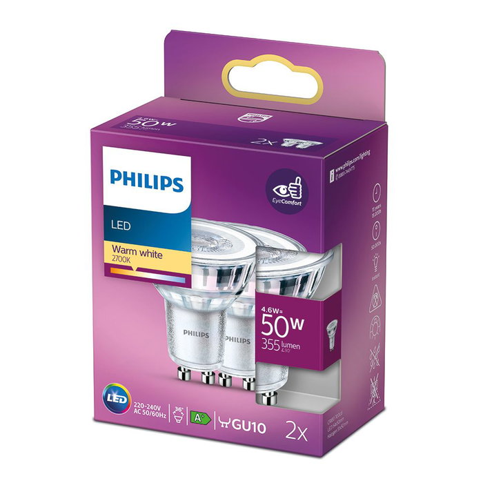 Philips Lot de 2 ampoules LED GU10 4,6W 355lm 2700K blanc chaud, équivalent 50W, classe énergétique F