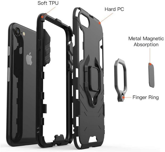 CoreParts Coque de protection antichoc grade militaire anti-chute noire pour Apple iPhone XR avec support anneau et montage magnétique