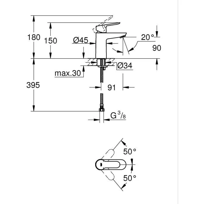 Grohe BauEdge Mitigeur lavabo monotrou monocommande Taille S - Design moderne, technologie économie d'eau 5 l/min, cartouche céramique Long-Life 28 mm