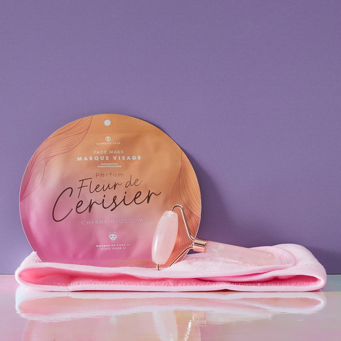 Cosmetic Club Coffret Soin Visage avec Masseur en Jade Rose et Fleur de Cerisier