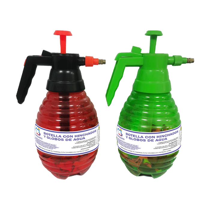 Marbueno 10368 Bouteille avec Gonfleur de Ballons à Eau 200 Ballons Couleurs Assorties 17x14x30 cm Jardin Été