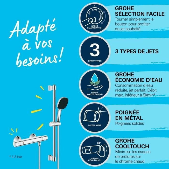 Grohe Ensemble de douche Precision Trend avec mitigeur thermostatique, pommeau 3 jets et barre 60 cm, Chrome