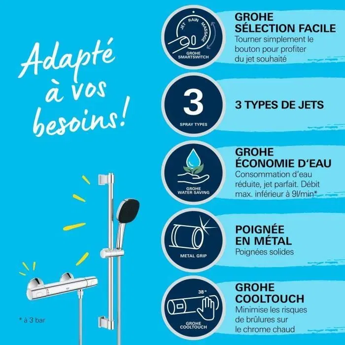 GROHE 34237003 - Ensemble de douche thermostatique Precision Trend, mitigeur, pommeau 3 jets Vitalio Comfort 110, barre 60 cm et flexible - Chromé