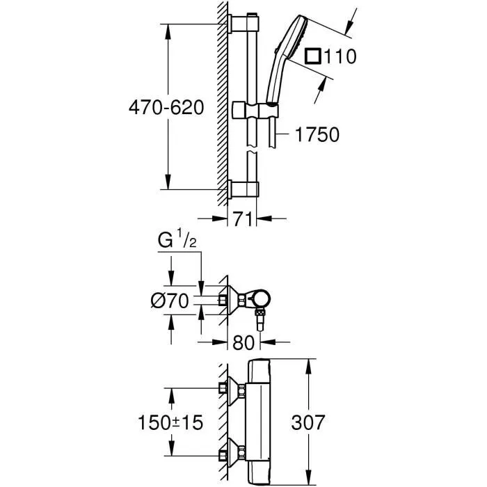 GROHE 34237003 - Ensemble de douche thermostatique Precision Trend, mitigeur, pommeau 3 jets Vitalio Comfort 110, barre 60 cm et flexible - Chromé