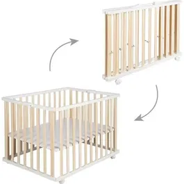 ROBA Parc bébé pliant en bois 75 x 100 cm - Réglable en hauteur avec roulettes - Blanc - Sécurisé et transportable