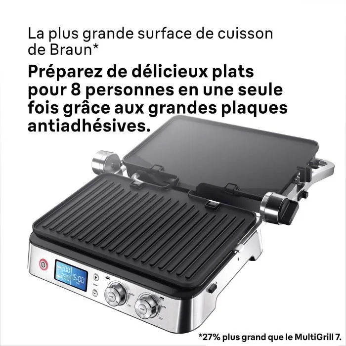 Braun Multi Grill 9 - Grill multifonctions 2000 W - 3 positions de chauffe - Noir / Acier - Pour cuisson jusqu'à 8 personnes