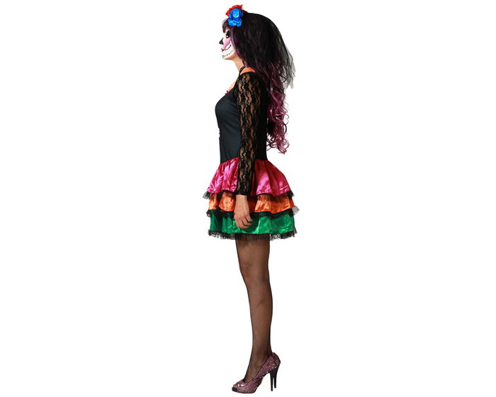 Déguisement femme adulte Vestido Noir avec motif de crâne et volants multicolores - Taille XS-S