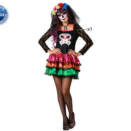 Déguisement - Robe Noir Femme Adulte avec Imprimé Tête de Mort et Volants Multicolores - Taille XS-S - Pour Halloween et Fête des Morts