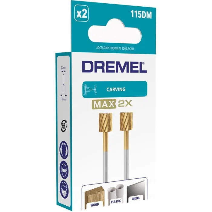 Dremel Lot de 2 Fraises Cylindriques Max 115 en Acier Haute Longévité ø 7.8mm avec Revêtement Titane TiN pour Gravure