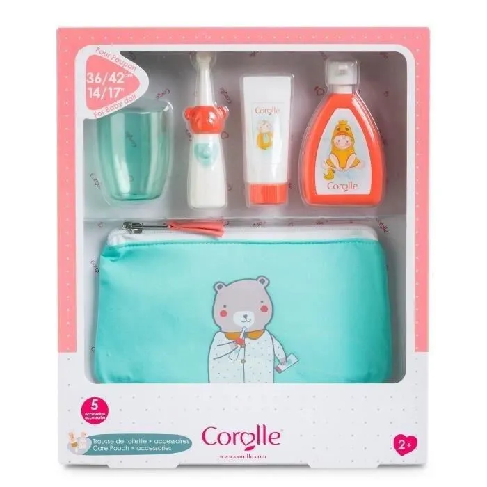Corolle Trousse de toilette Bb36 pour poupon avec accessoires (lait, dentifrice, brosse à dents électrique factice, verre) - Pour enfants dès 2 ans