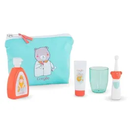 Corolle Trousse de toilette Bb36 pour poupon avec accessoires (lait, dentifrice, brosse à dents électrique factice, verre) - Pour enfants dès 2 ans