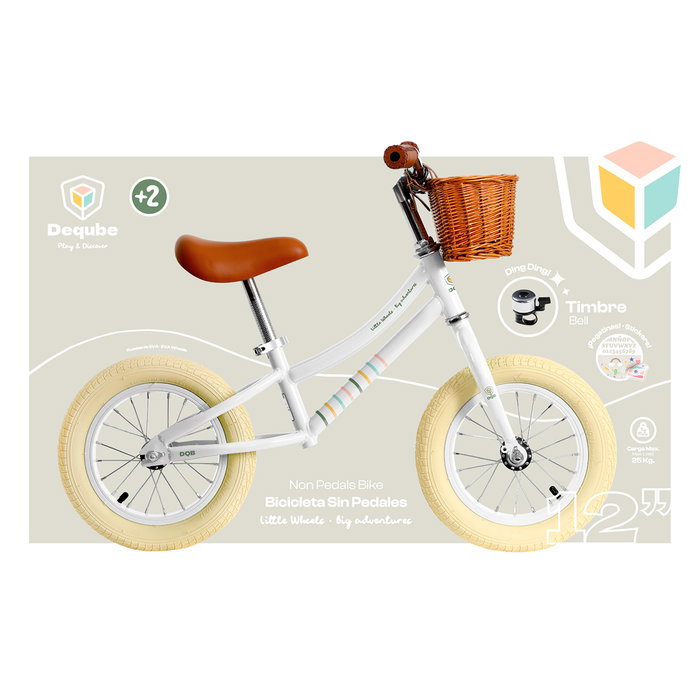 DEQUBE Vélo d'Équilibre Vintage Enfant 2 Ans et Plus - Ultra-Léger 3kg, Sans Pédales, Roues Anti-Crevaison, Guidon et Selle Réglables, Poignées Cuir, Panier