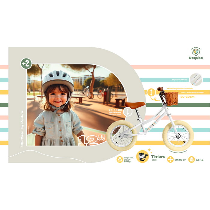 DEQUBE Vélo d'Équilibre Vintage Enfant 2 Ans et Plus - Ultra-Léger 3kg, Sans Pédales, Roues Anti-Crevaison, Guidon et Selle Réglables, Poignées Cuir, Panier