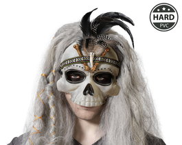 Masque de crâne noir avec plumes grises pour déguisement voodoo - Accessoire Halloween et théâtre tribal