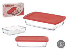 Pasabahce Bandeja Rectangular avec Couvercle Borcam 1320 ml 26x6x15 cm Verre Rouge Transparent (Set de 4)
