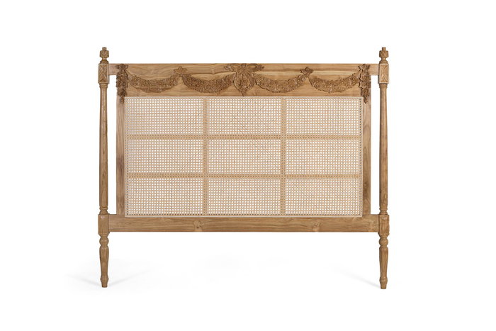 Tête de lit en teck massif avec panneau en canne tressée, style Louis XVI, dimensions 174 x 146 x 6 cm, finition naturelle rustique, GINER Y COLOMER Tête de lit en teck massif avec panneau en canne tressée, style Louis XVI, dimensions 174 x 146 x 6 cm, finition naturelle rustique, GINER Y COLOMER