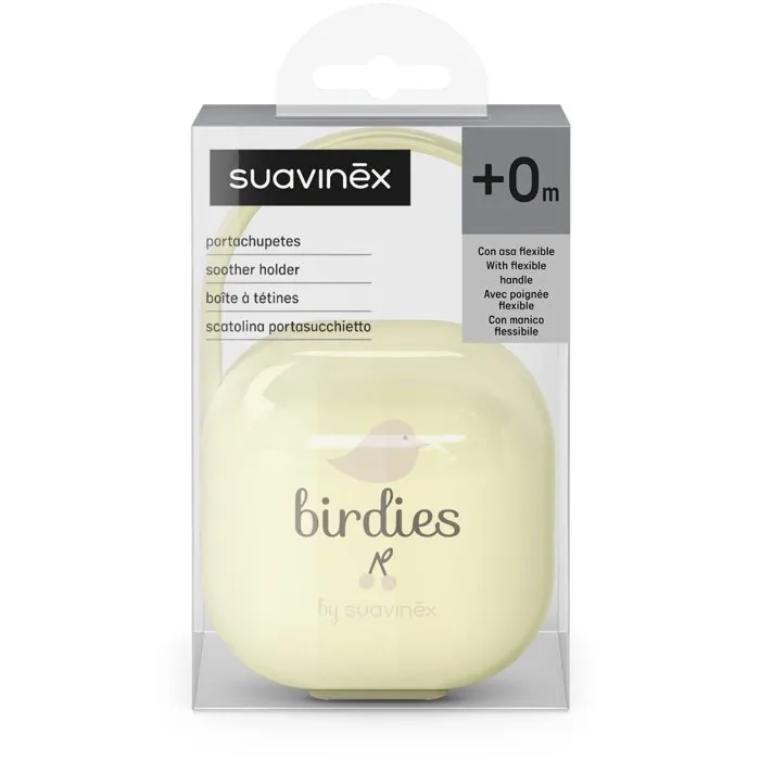 Suavinex Birdies Porte-sucette compact avec anse pour sac ou poussette, 2 sucettes, dès la naissance, beige