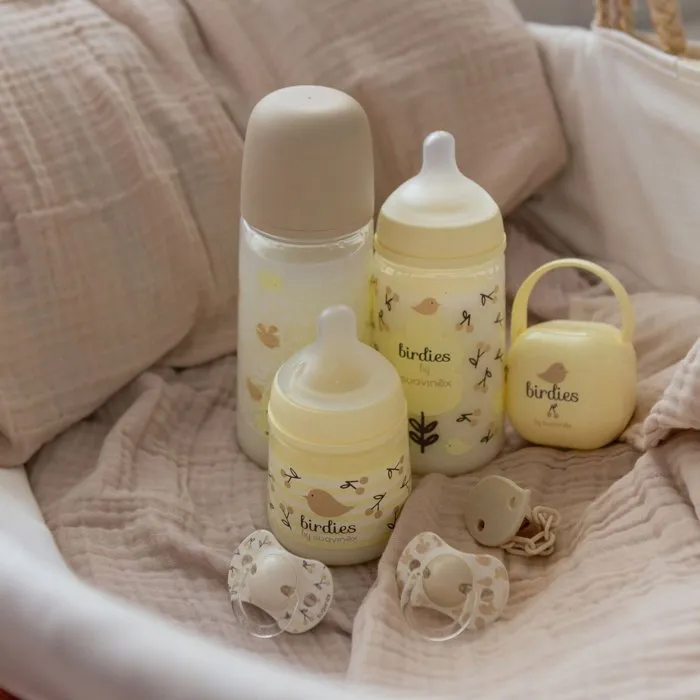 Suavinex Birdies Porte-sucette compact avec anse pour sac ou poussette, 2 sucettes, dès la naissance, beige