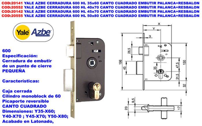 Yale AZBE 600 HL Serrure à emboîtement 50x80 mm avec levier et pêne Yale AZBE 600 HL Serrure à emboîtement 50x80 mm avec levier et pêne