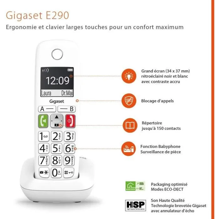 Gigaset Téléphone Fixe sans Fil E290 Duo Blanc - Grand Écran Rétroéclairé - Larges Touches - Audio Boost - Mode Jumbo