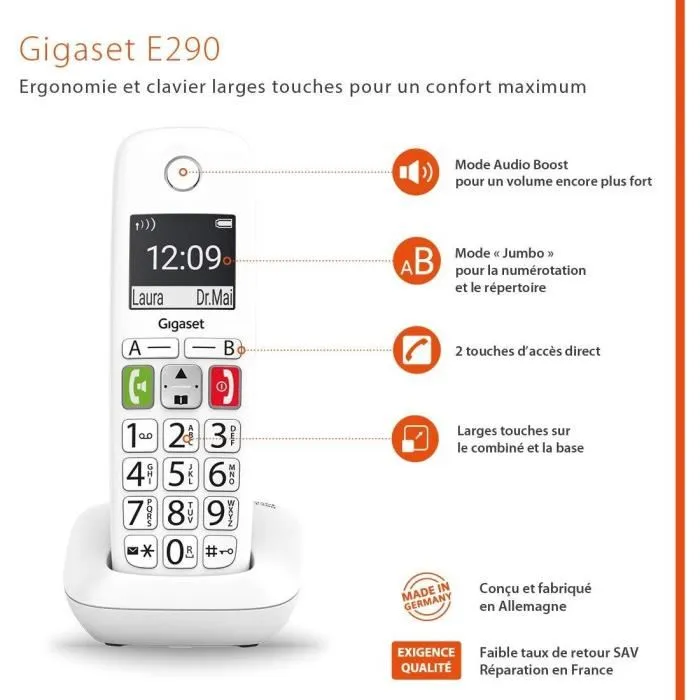 Gigaset Téléphone Fixe sans Fil E290 Duo Blanc - Grand Écran Rétroéclairé - Larges Touches - Audio Boost - Mode Jumbo