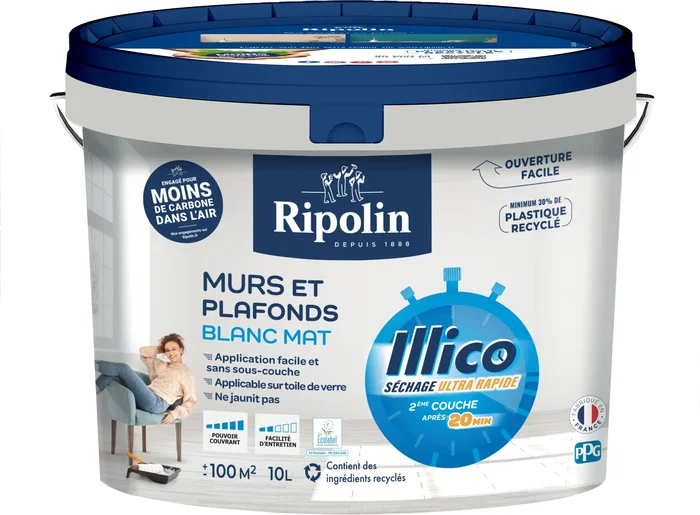 Ripolin Illico Peinture pour Murs et Plafonds, Blanc Mat, Ultra-Couvrante et à Séchage Rapide (20 min), Fabrication Française, 10 L
