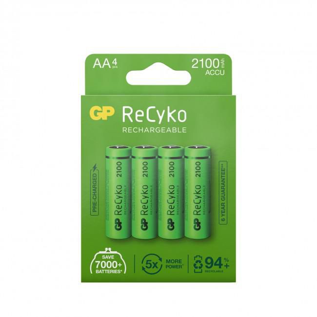 GP Batterie rechargeable NiMH ReCyko, AA 2100 mAh, 4 pièces, préchargée, faible autodécharge, certifiée ECV, écologique GP Batterie rechargeable NiMH ReCyko, AA 2100 mAh, 4 pièces, préchargée, faible autodécharge, certifiée ECV, écologique