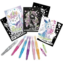 Lansay Blopens - Créatures pailletées - Set créatif avec 6 pochoirs animaux fantastiques et feutres aérographiques - À partir de 6 ans
