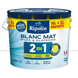 Ripolin - Peinture Murs et Plafonds 2 en 1 Blanc Mat Ultra-Couvrante avec Sous-Couche Intégrée - 10L + 2L Offerts