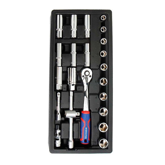 Workpro Jeu de cliquet et de douilles 3/8 pouce, 23 pièces, métrique Workpro Jeu de cliquet et de douilles 3/8 pouce, 23 pièces, métrique