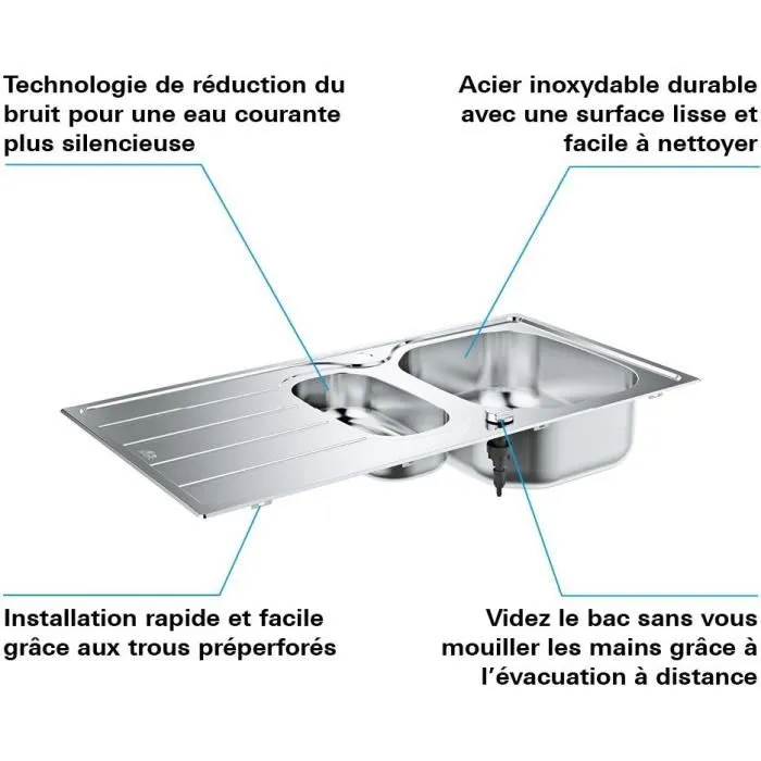 GROHE inox - Évier de cuisine en acier inoxydable à encastrer, largeur 500 mm, avec égouttoir et bonde silencieuse