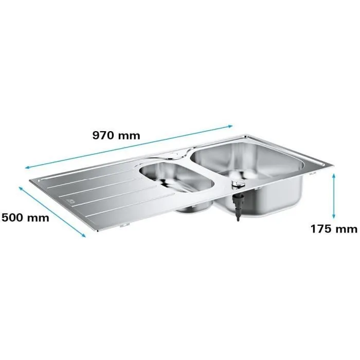 GROHE inox - Évier de cuisine en acier inoxydable à encastrer, largeur 500 mm, avec égouttoir et bonde silencieuse