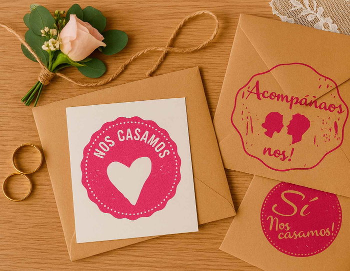 Innspiro Kit 4 Tampons en Bois Boda Anuncio y Confirmación et Encre Rose