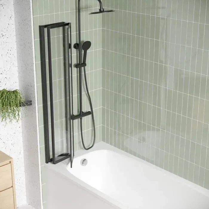 Gelco Lexia Pare-baignoire 4 volets, noir, dimensions 110 x 140 cm, profilés aluminium, verre transparent, design contemporain Gelco Lexia Pare-baignoire 4 volets, noir, dimensions 110 x 140 cm, profilés aluminium, verre transparent, design contemporain