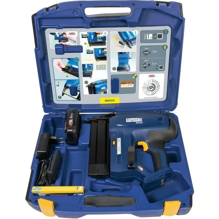 Rapid BNX50 - Cloueuse à batterie 18V pour clous de finition 18Ga 20-50mm - Coffret avec batterie 2,5Ah, chargeur et 300 clous n°8/30mm