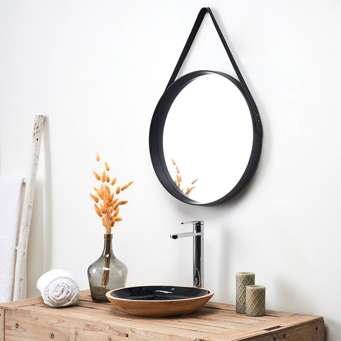 Home Deco Factory Miroir Rond avec Poignée Noire 51,5 cm