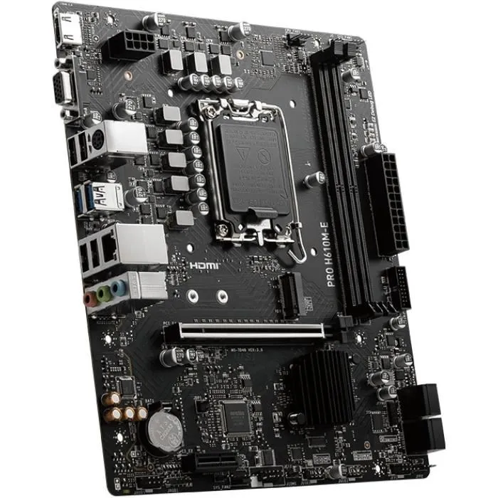 MSI PRO H610M-E Carte mère micro ATX Socket LGA 1700 Intel H610 avec support DDR5, M.2, 2.5G Ethernet, RAID - pour Intel Celeron, Core i3, i5, i7, i9 MSI PRO H610M-E Carte mère micro ATX Socket LGA 1700 Intel H610 avec support DDR5, M.2, 2.5G Ethernet, RAID - pour Intel Celeron, Core i3, i5, i7, i9