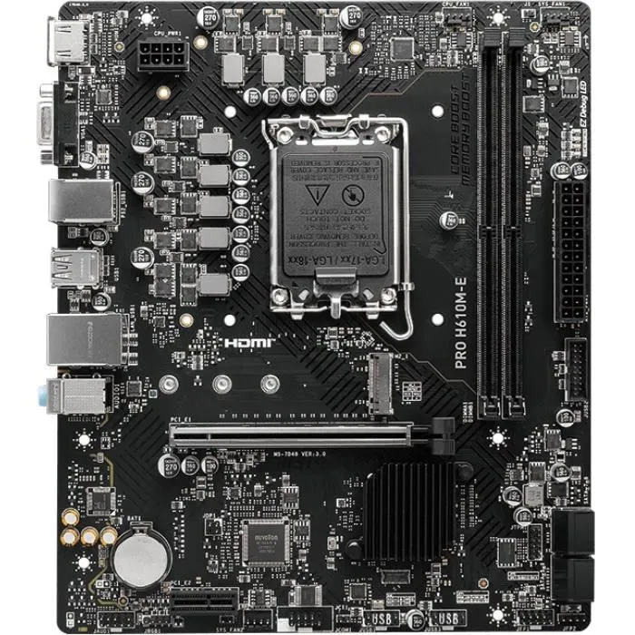 MSI PRO H610M-E Carte mère micro ATX Socket LGA 1700 Intel H610 avec support DDR5, M.2, 2.5G Ethernet, RAID - pour Intel Celeron, Core i3, i5, i7, i9 MSI PRO H610M-E Carte mère micro ATX Socket LGA 1700 Intel H610 avec support DDR5, M.2, 2.5G Ethernet, RAID - pour Intel Celeron, Core i3, i5, i7, i9