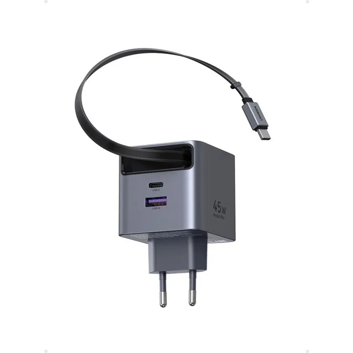 UGREEN Chargeur Secteur 45W - 2 Ports USB-A et USB-C PD - Câble Rétractable - Noir - Charge Rapide Compatible Smartphone, Tablette, PC Portable - Sécurité