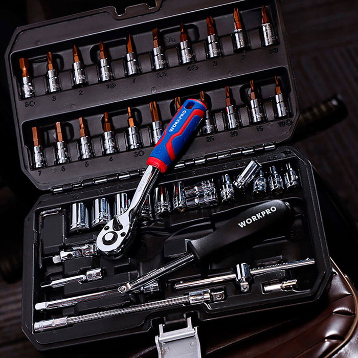 Jeu de clés à douille Workpro 1/4" 46 Pièces Jeu de clés à douille Workpro 1/4" 46 Pièces