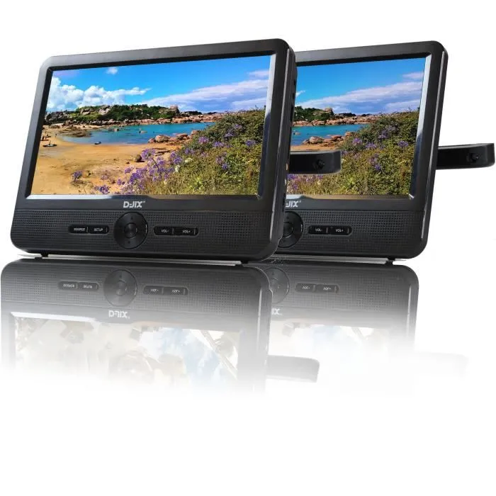 Lecteur DVD portable Djix PVS906-50SM - Écran double 9 pouces - Noir - Autonomie 2h - Ports USB et lecteur carte SD - Lecture formats XviD et AVI