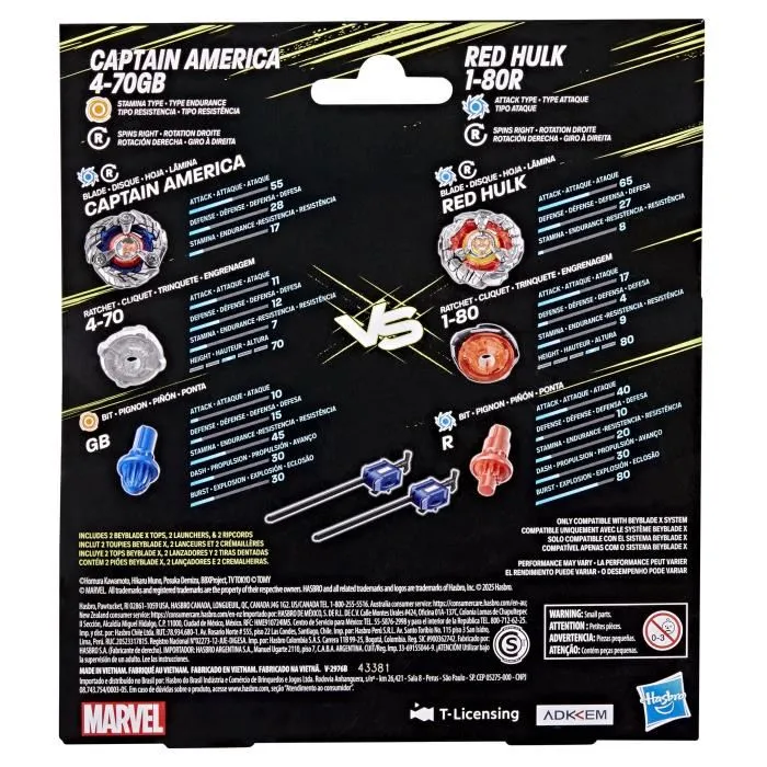 Beyblade X Multipack BX - 2 Toupies de compétition Captain America 4-70GB vs Red Hulk 1-80R, 2 Lanceurs, Collaboration Marvel, dès 8 ans