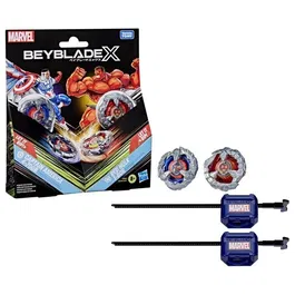 Beyblade X Multipack BX - 2 Toupies de compétition Captain America 4-70GB vs Red Hulk 1-80R, 2 Lanceurs, Collaboration Marvel, dès 8 ans