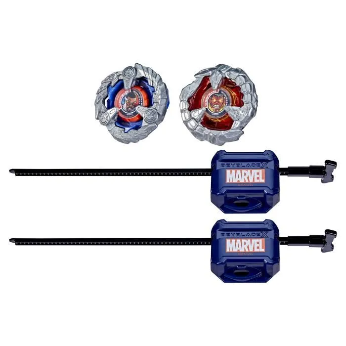 Beyblade X Multipack BX - 2 Toupies de compétition Captain America 4-70GB vs Red Hulk 1-80R, 2 Lanceurs, Collaboration Marvel, dès 8 ans