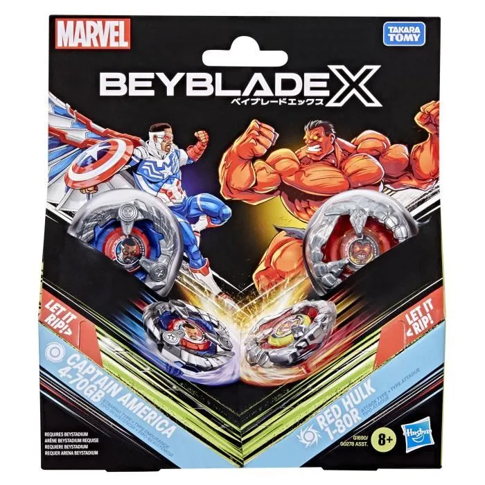 Beyblade X Multipack BX - 2 Toupies de compétition Captain America 4-70GB vs Red Hulk 1-80R, 2 Lanceurs, Collaboration Marvel, dès 8 ans
