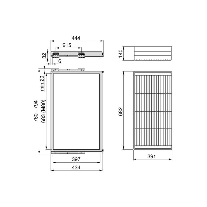 Emuca Kit de panier et cadre coulissant avec fermeture souple pour armoire, réglable, module 800mm, Gris pierre