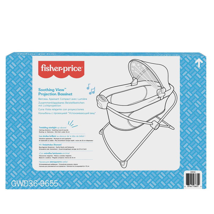 Fisher-Price Berceau Moïse Portable et Pliable GWD36 avec Projections d'Étoiles, Musique, Sons et Vibrations - Pour Nouveau-né